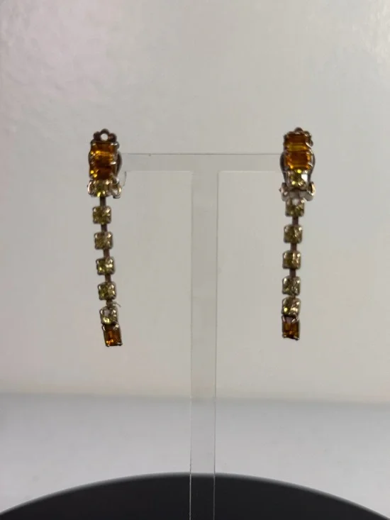 Vintage Amber & Clear crystal Rhinestone Clip-On Drop Earrings + Velvet Gift Bag - Picture 6 of 12